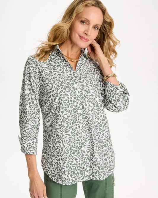 Chico's Printed No Iron Stretch Shirt Kelp Forest