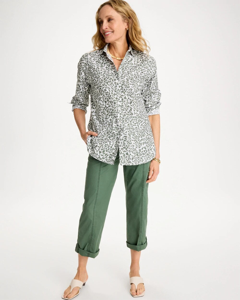 Chico's Printed No Iron Stretch Shirt Kelp Forest