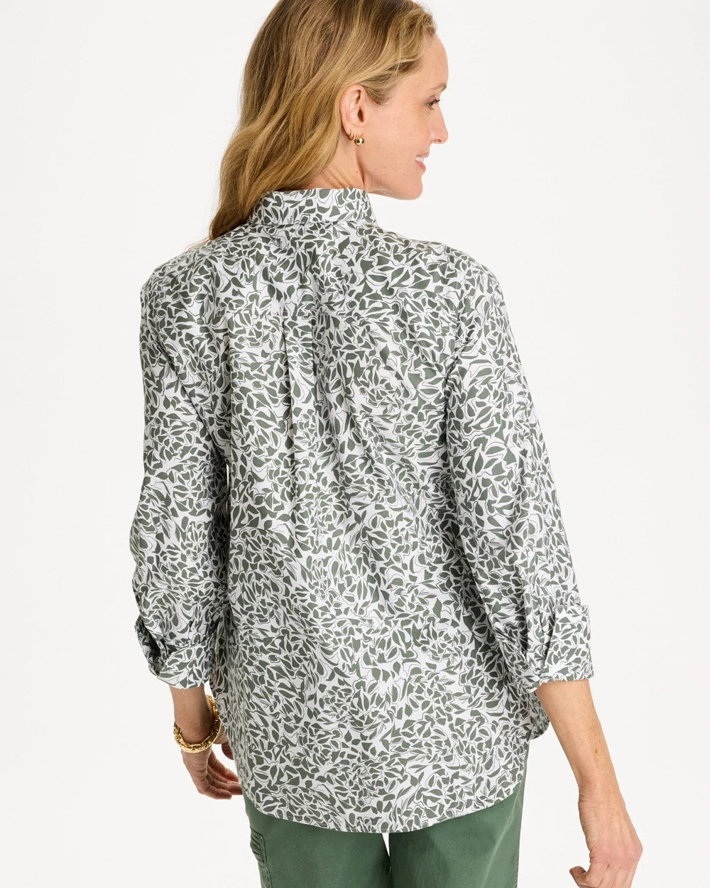 Chico's Printed No Iron Stretch Shirt Kelp Forest