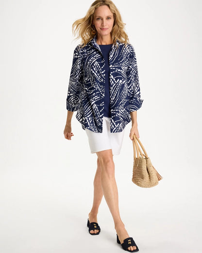 Chico's Printed No Iron Stretch Shirt Passport Blue