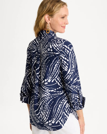 Chico's Printed No Iron Stretch Shirt Passport Blue