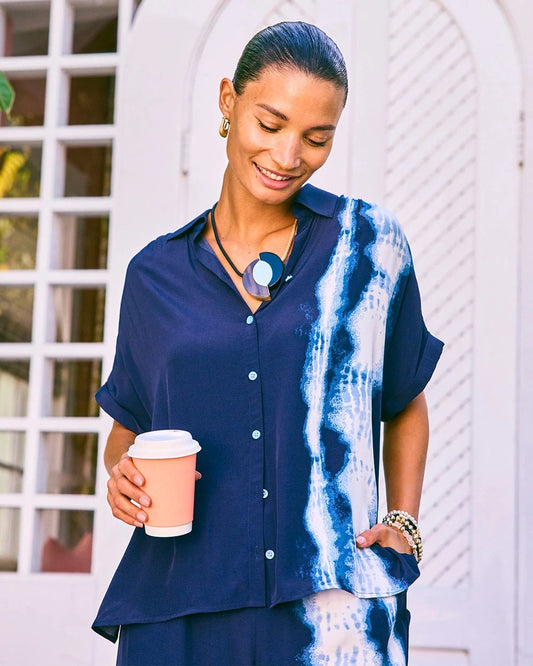 Chico's Faux Silk Henley Colorblock Top Passport Blue