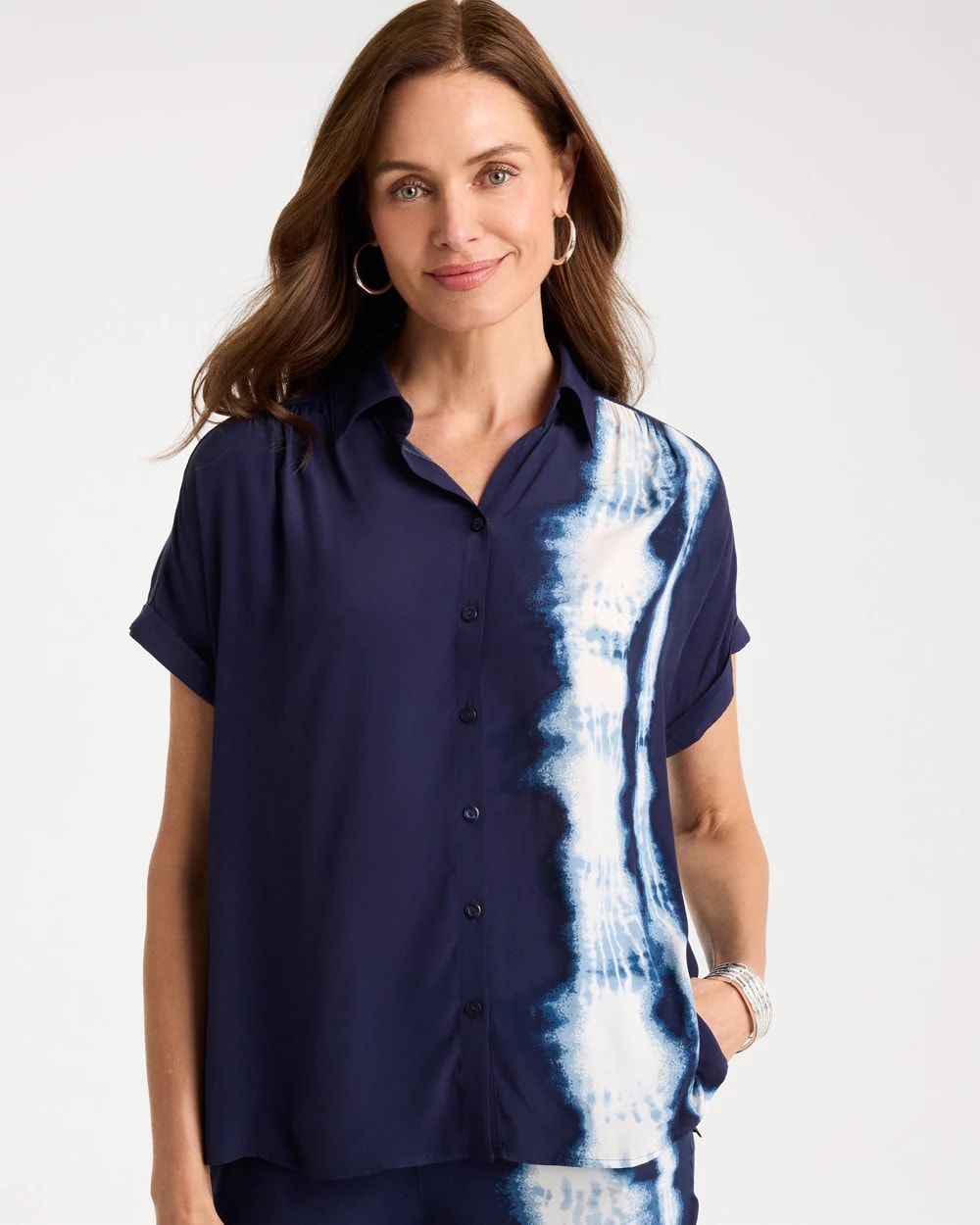 Chico's Faux Silk Henley Colorblock Top Passport Blue