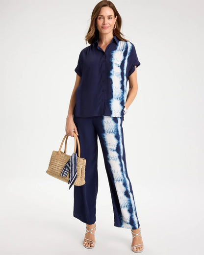 Chico's Faux Silk Henley Colorblock Top Passport Blue