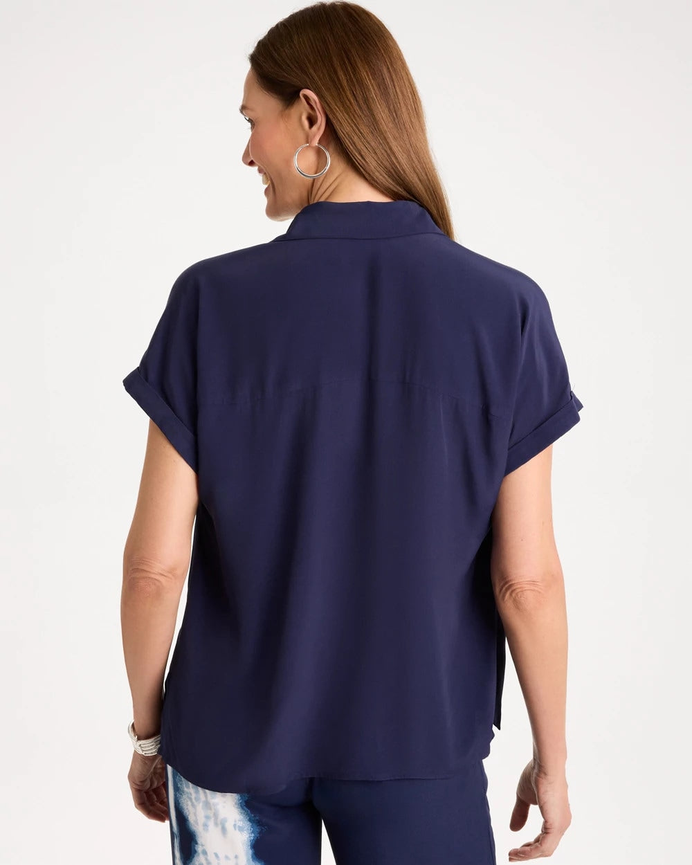 Chico's Faux Silk Henley Colorblock Top Passport Blue