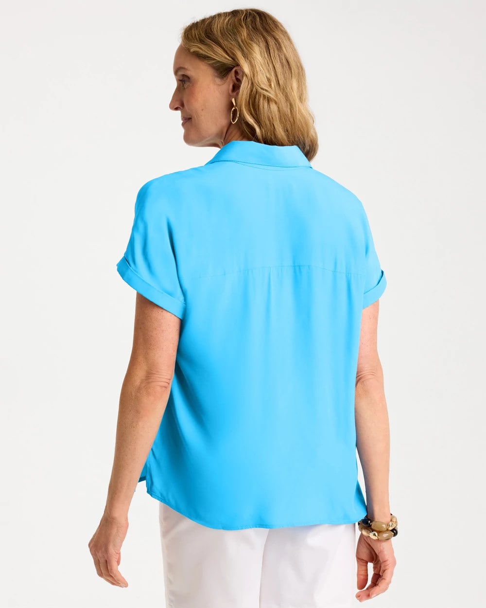 Chico's Faux Silk Henley Top Blue Tide