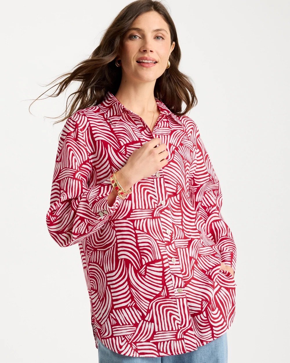 Chico's No Iron™ Linen Geo Print Shirt Cherry Lush