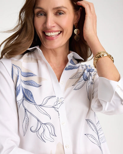 Chico's Placed Print No Iron Stretch Shirt Optic White