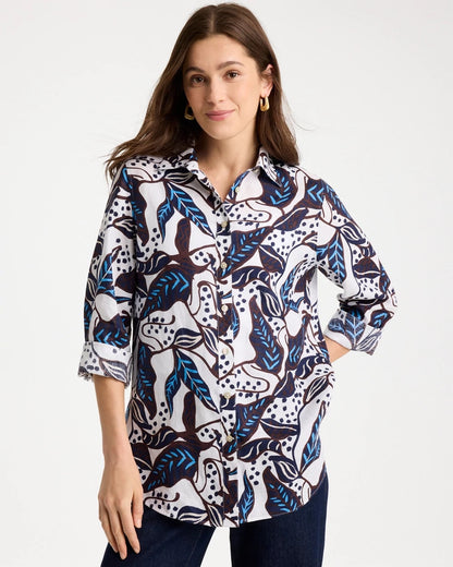Chico's Printed No Iron Linen Shirt Passport Blue