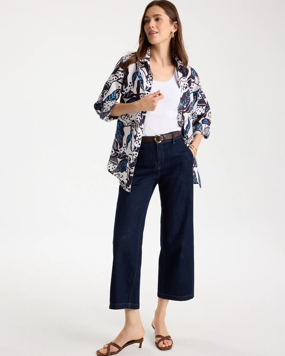 Chico's Printed No Iron Linen Shirt Passport Blue
