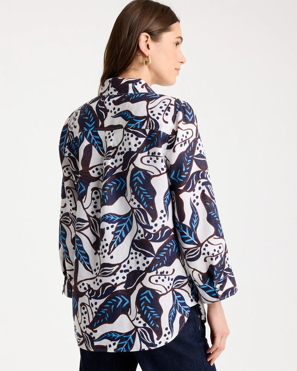 Chico's Printed No Iron Linen Shirt Passport Blue