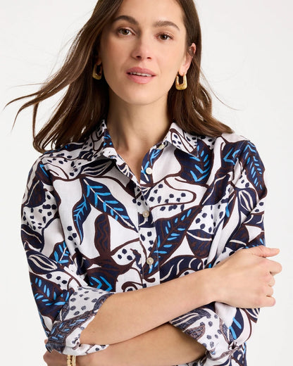 Chico's Printed No Iron Linen Shirt Passport Blue