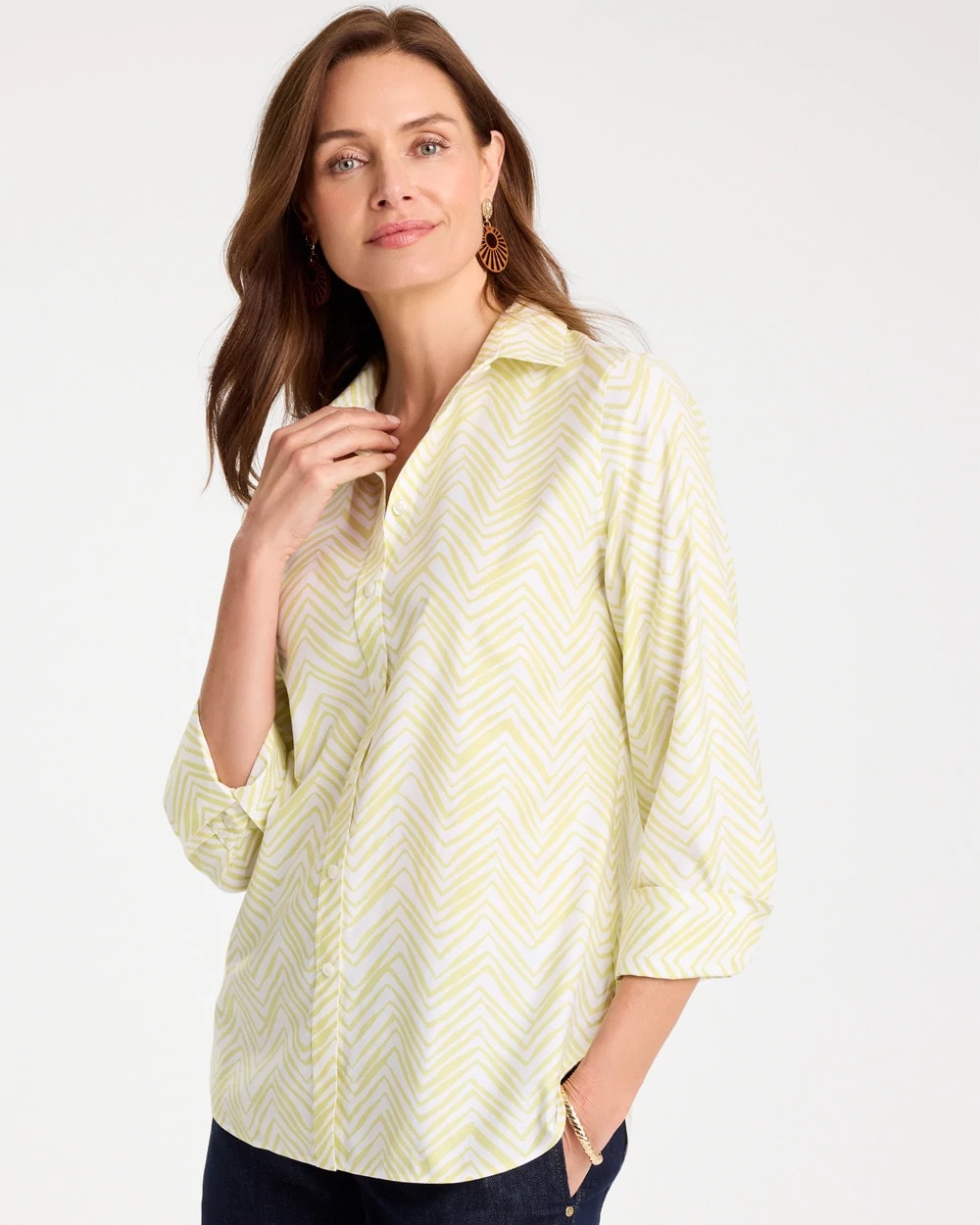 Chico's Chevron No Iron Stretch Shirt Soft Lime