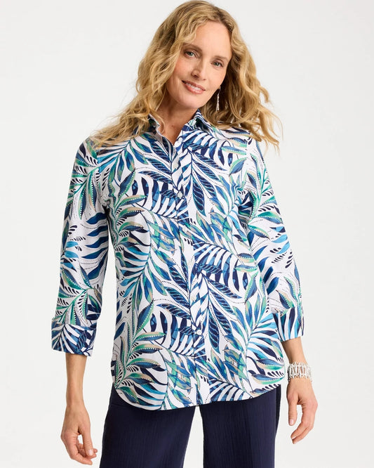 Chico's Palm No Iron Stretch Shirt Passport Blue