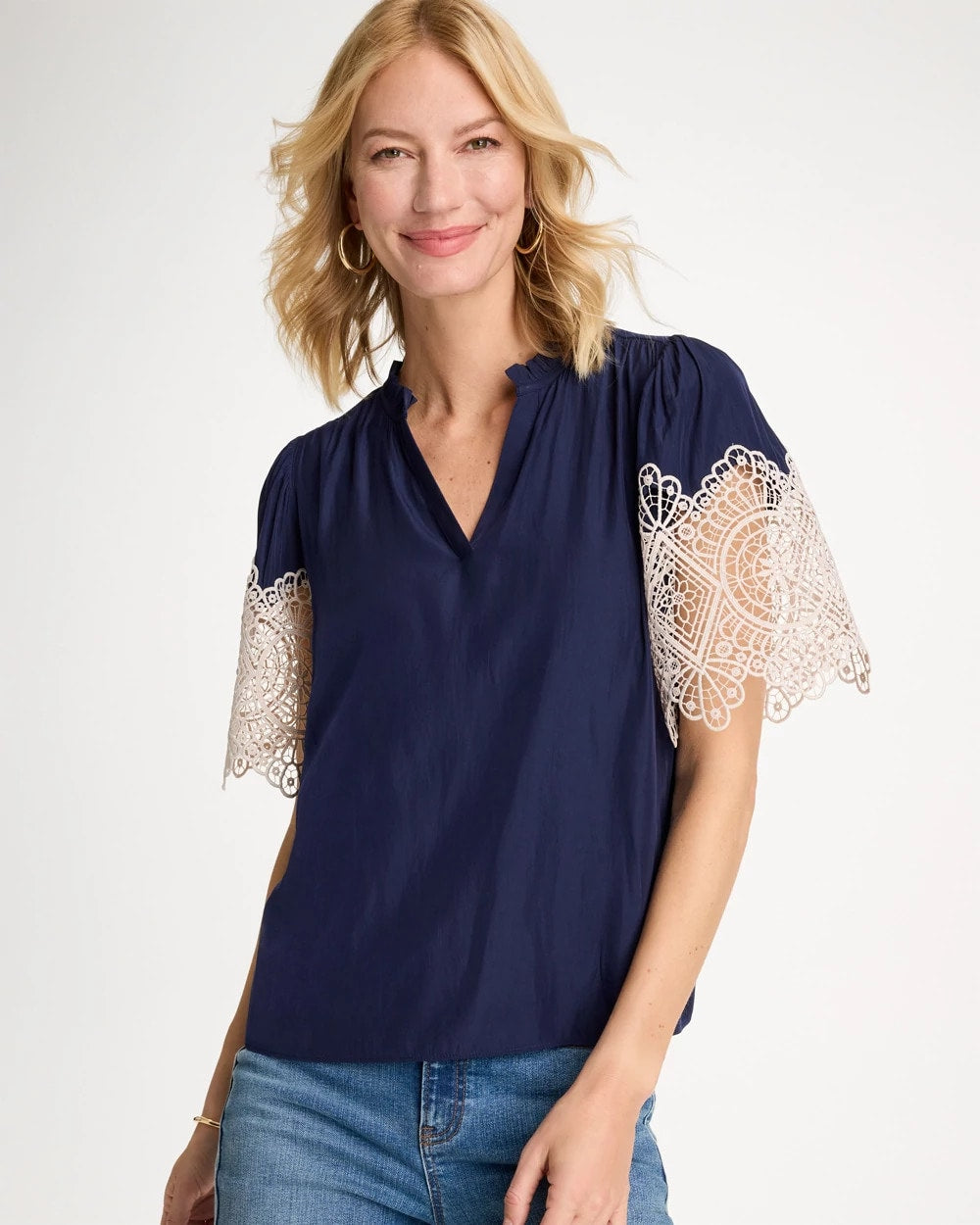 Chico's Sea Island Crochet Lace Blouse Passport Blue