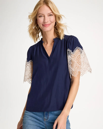 Chico's Sea Island Crochet Lace Blouse Passport Blue