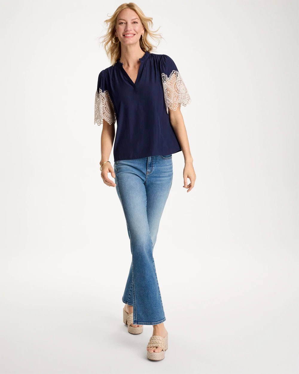 Chico's Sea Island Crochet Lace Blouse Passport Blue