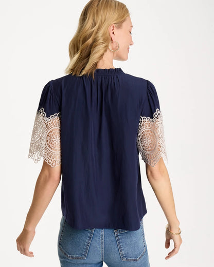 Chico's Sea Island Crochet Lace Blouse Passport Blue
