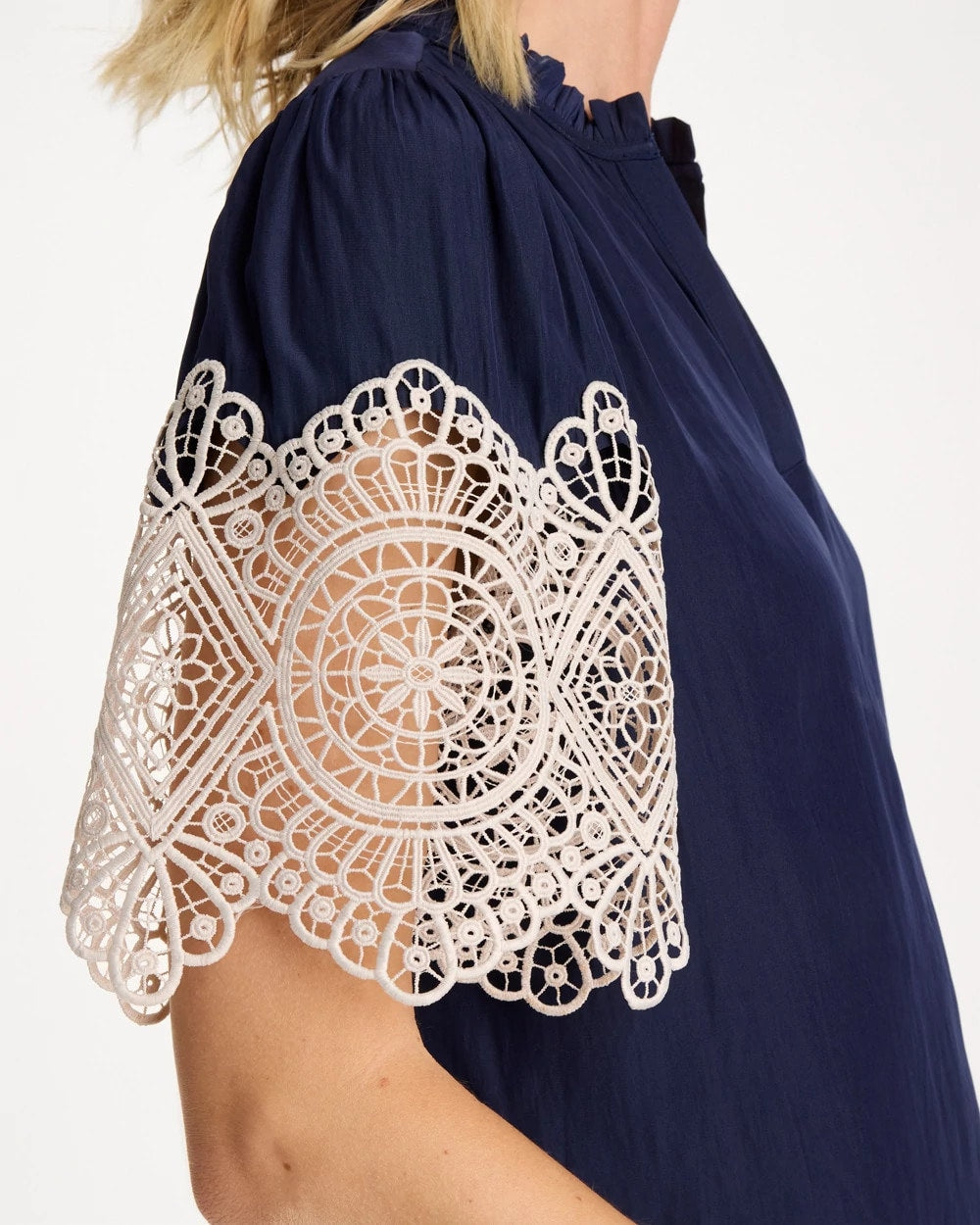 Chico's Sea Island Crochet Lace Blouse Passport Blue