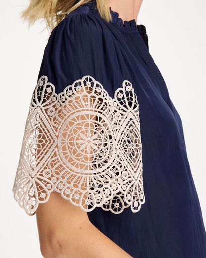 Chico's Sea Island Crochet Lace Blouse Passport Blue