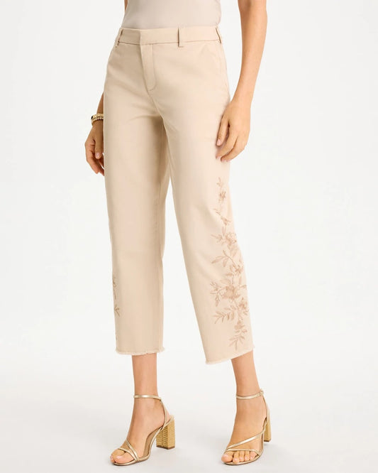 Chico's Relaxed Embroidered Fray Crop Pant Pale Sand