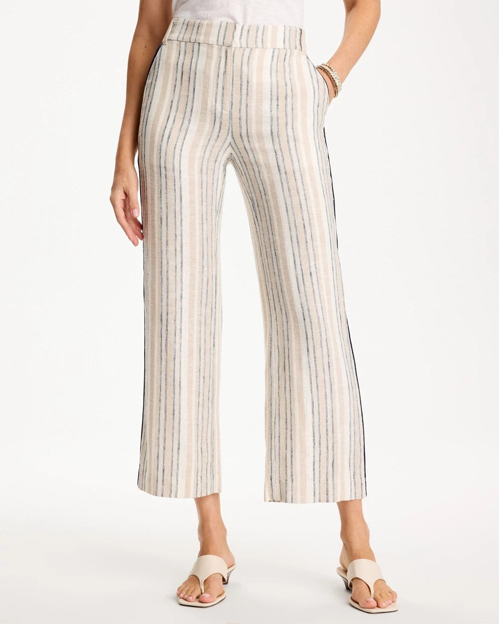 Chico's Striped Piped Linen Fly Front Pants Neutral