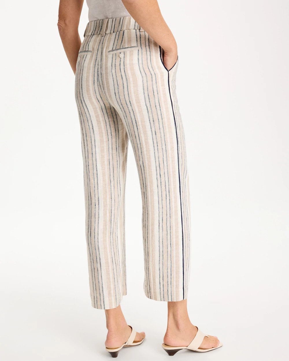 Chico's Striped Piped Linen Fly Front Pants Neutral