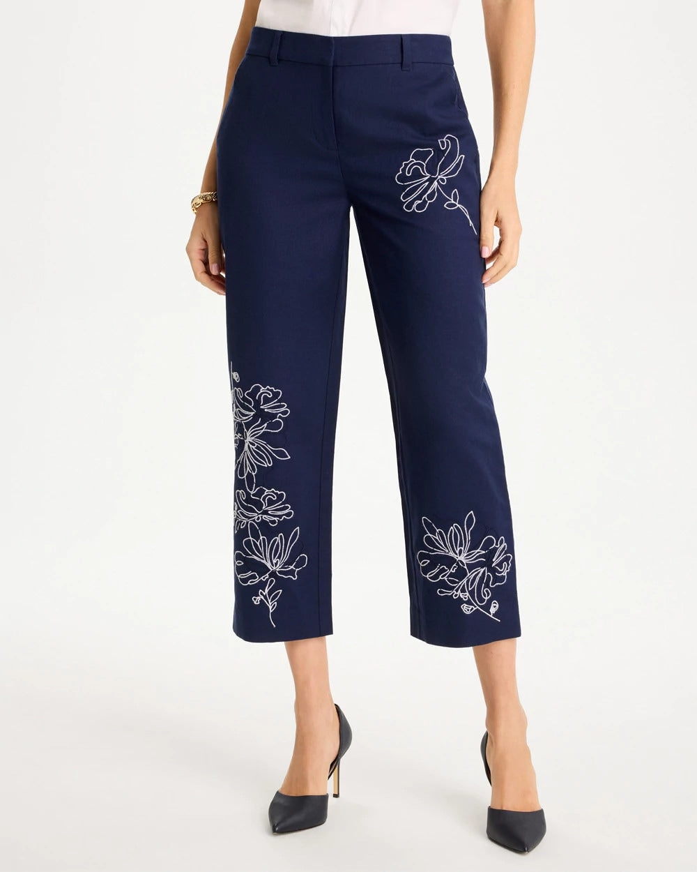 Chico's Embroidered Linen Fly Front Pants Passport Blue
