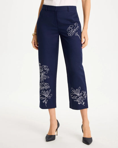Chico's Embroidered Linen Fly Front Pants Passport Blue