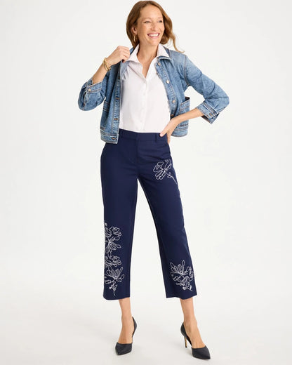 Chico's Embroidered Linen Fly Front Pants Passport Blue