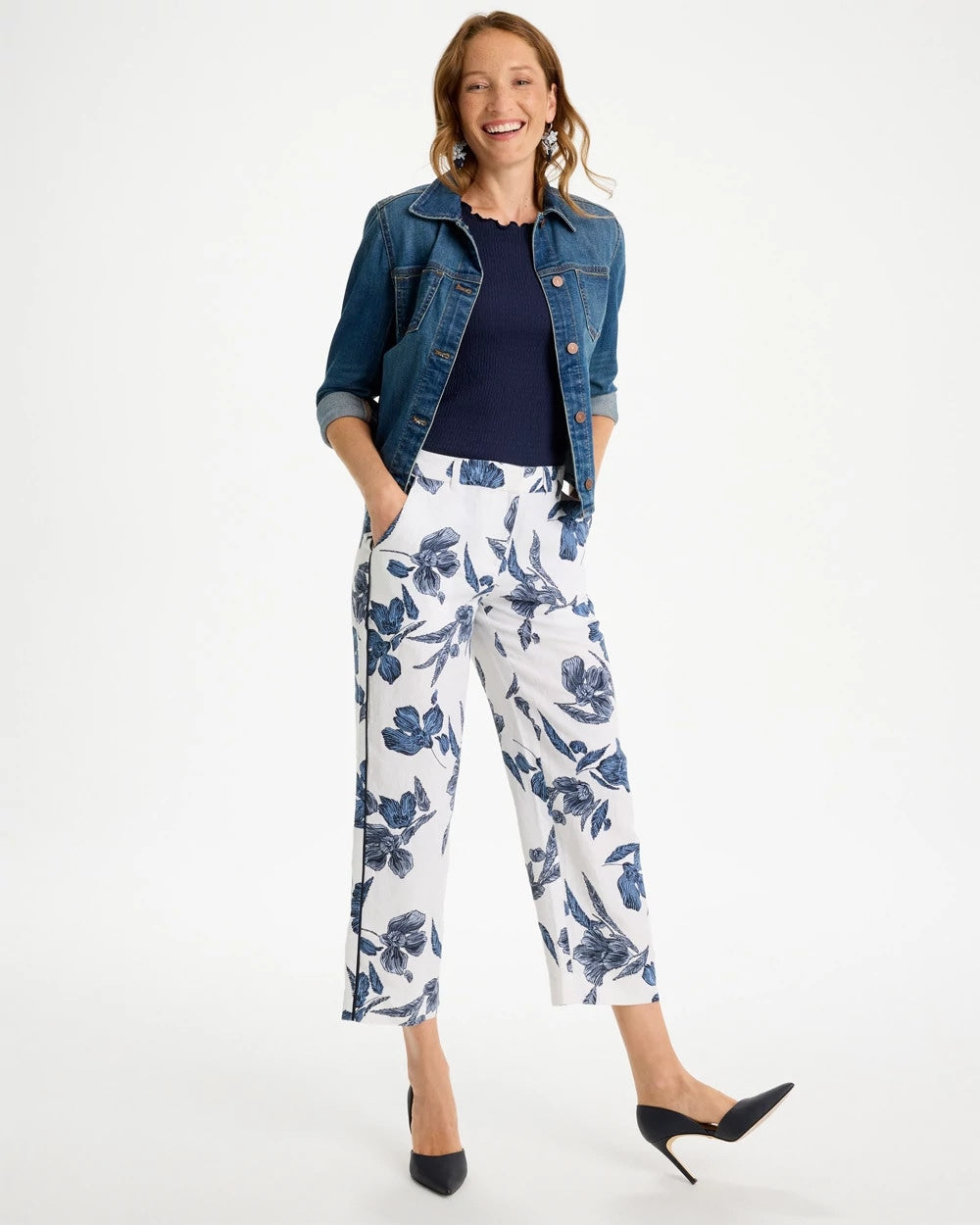 Chico's Piped Linen Fly Front Pants Passport Blue