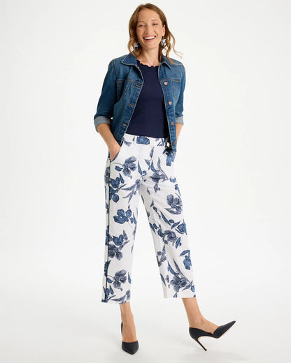 Chico's Piped Linen Fly Front Pants Passport Blue