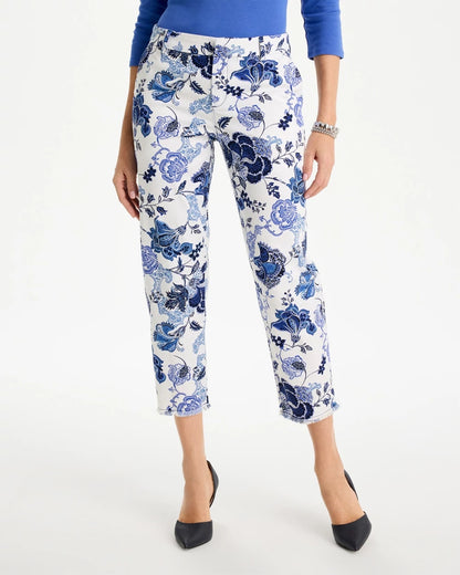 Chico's Printed Relaxed Boyfriend Chino Fray Crop Pants Alabaster