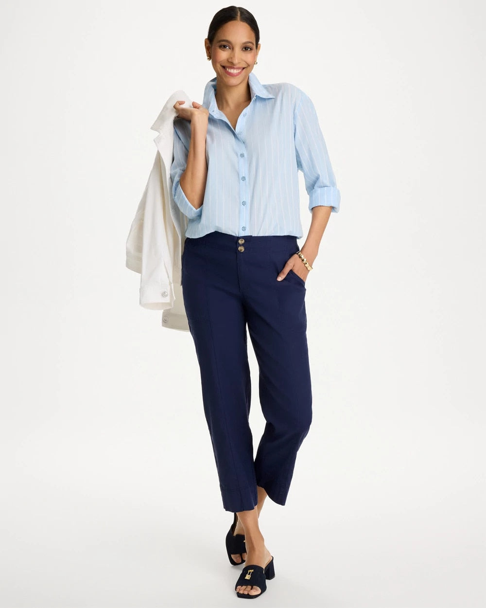 Chico's Relaxed Linen Crop Pant Passport Blue
