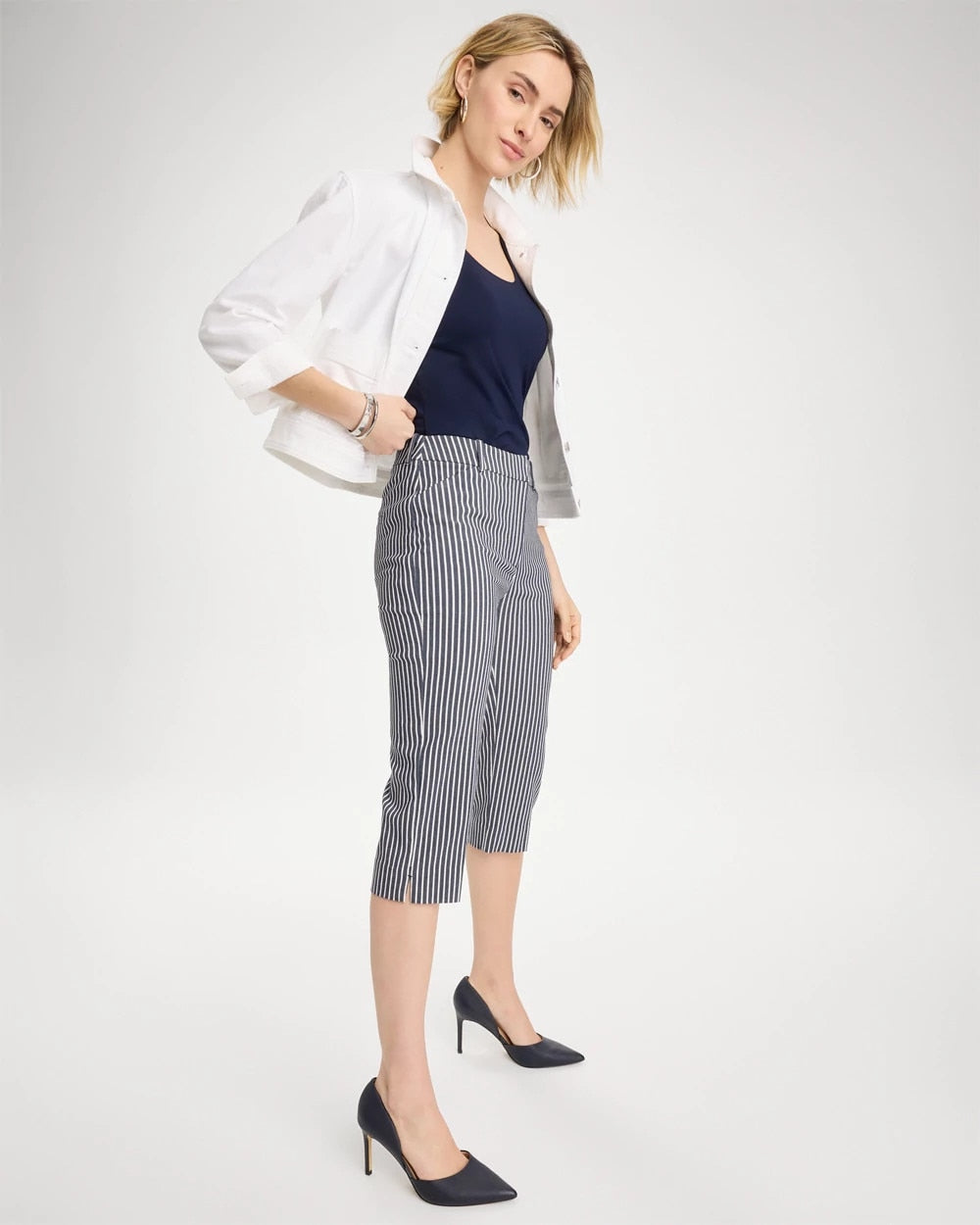 Chico's Emme Slim Striped Capri Pants Indigo