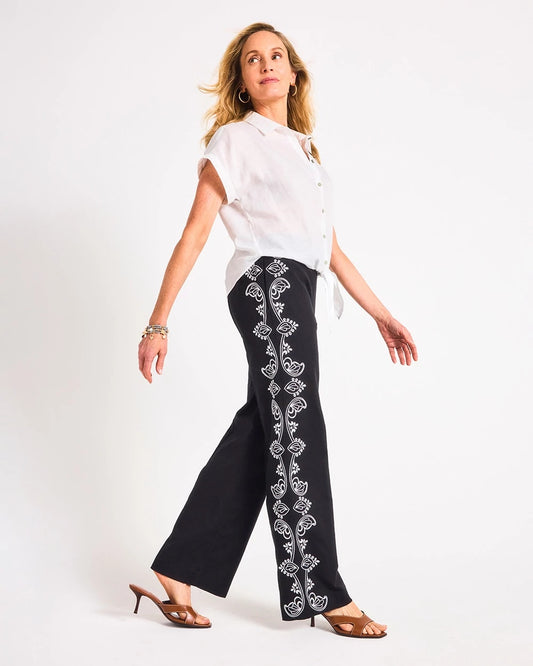Chico's Embroidered Pull-On Wide-Leg Linen Pants Black