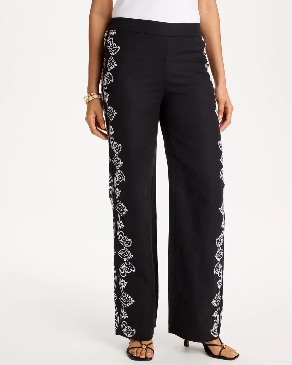Chico's Embroidered Pull-On Wide-Leg Linen Pants Black