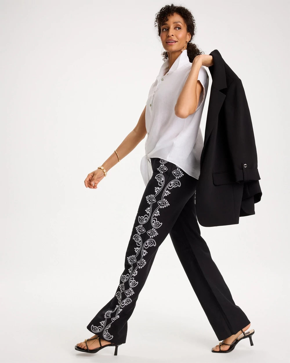 Chico's Embroidered Pull-On Wide-Leg Linen Pants Black