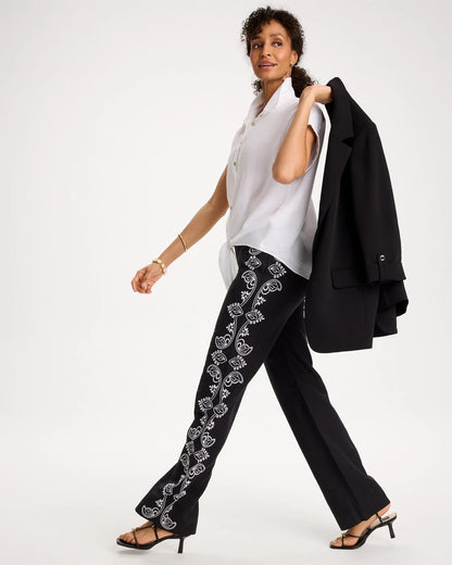 Chico's Embroidered Pull-On Wide-Leg Linen Pants Black