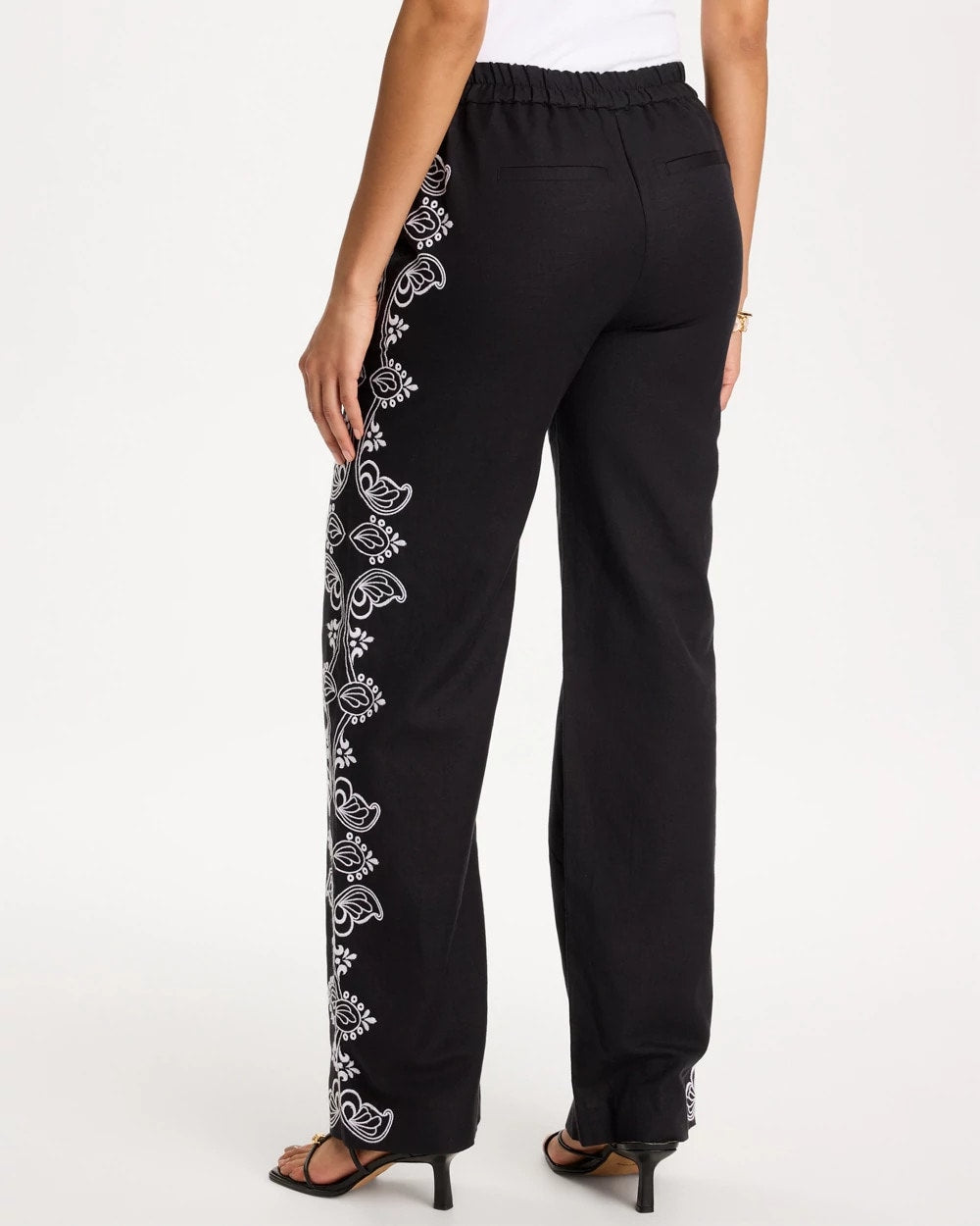 Chico's Embroidered Pull-On Wide-Leg Linen Pants Black