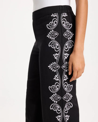 Chico's Embroidered Pull-On Wide-Leg Linen Pants Black