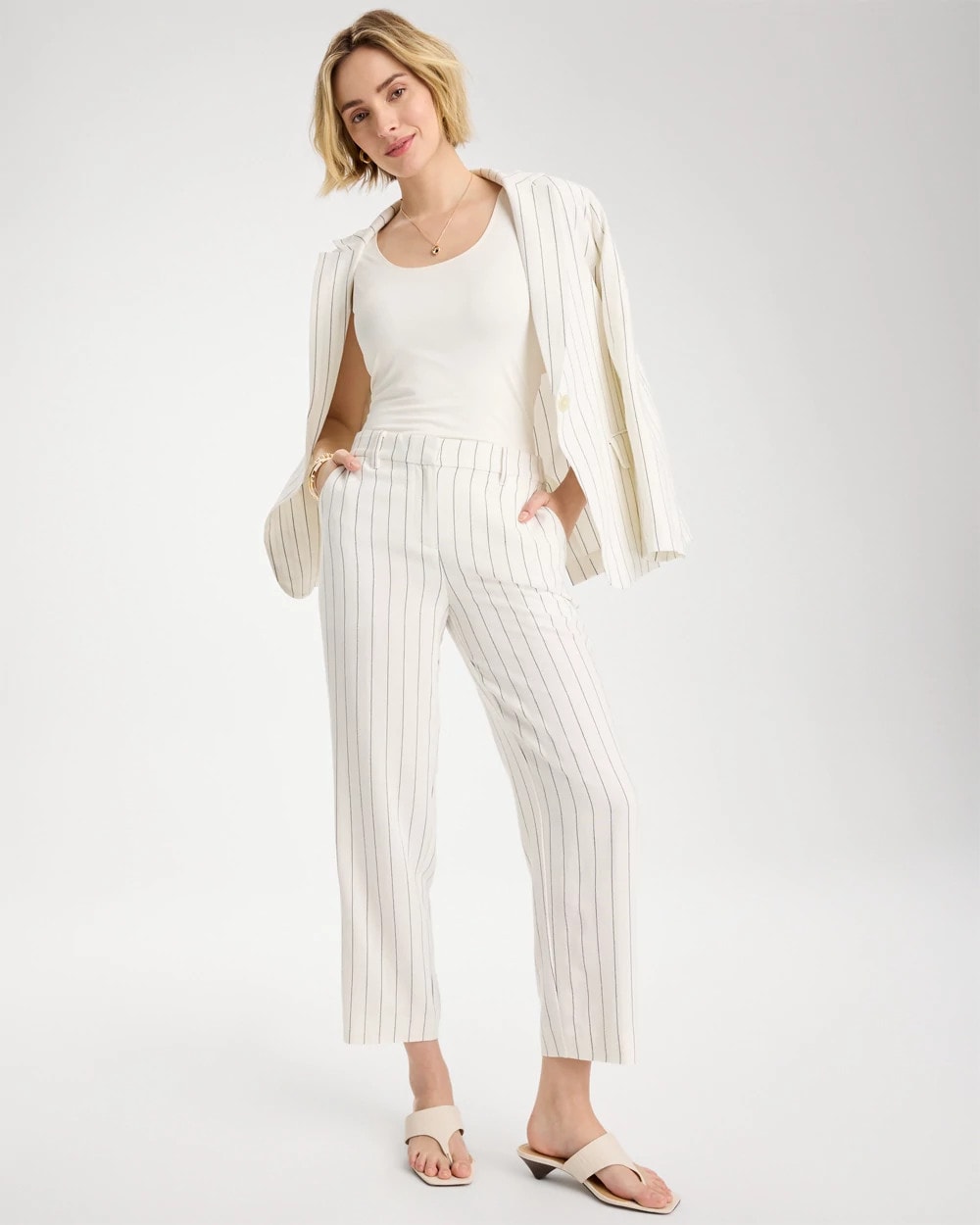 Chico's Striped Linen Wide-Leg Ankle Pants Ecru