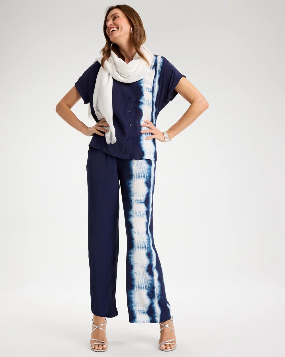 Chico's Faux Silk Tie-Dye Palazzo Pants Passport Blue