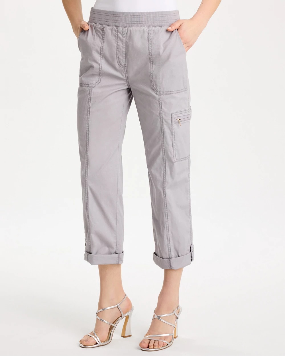 Chico's Poplin Cropped Roll Tab Pants Titanium