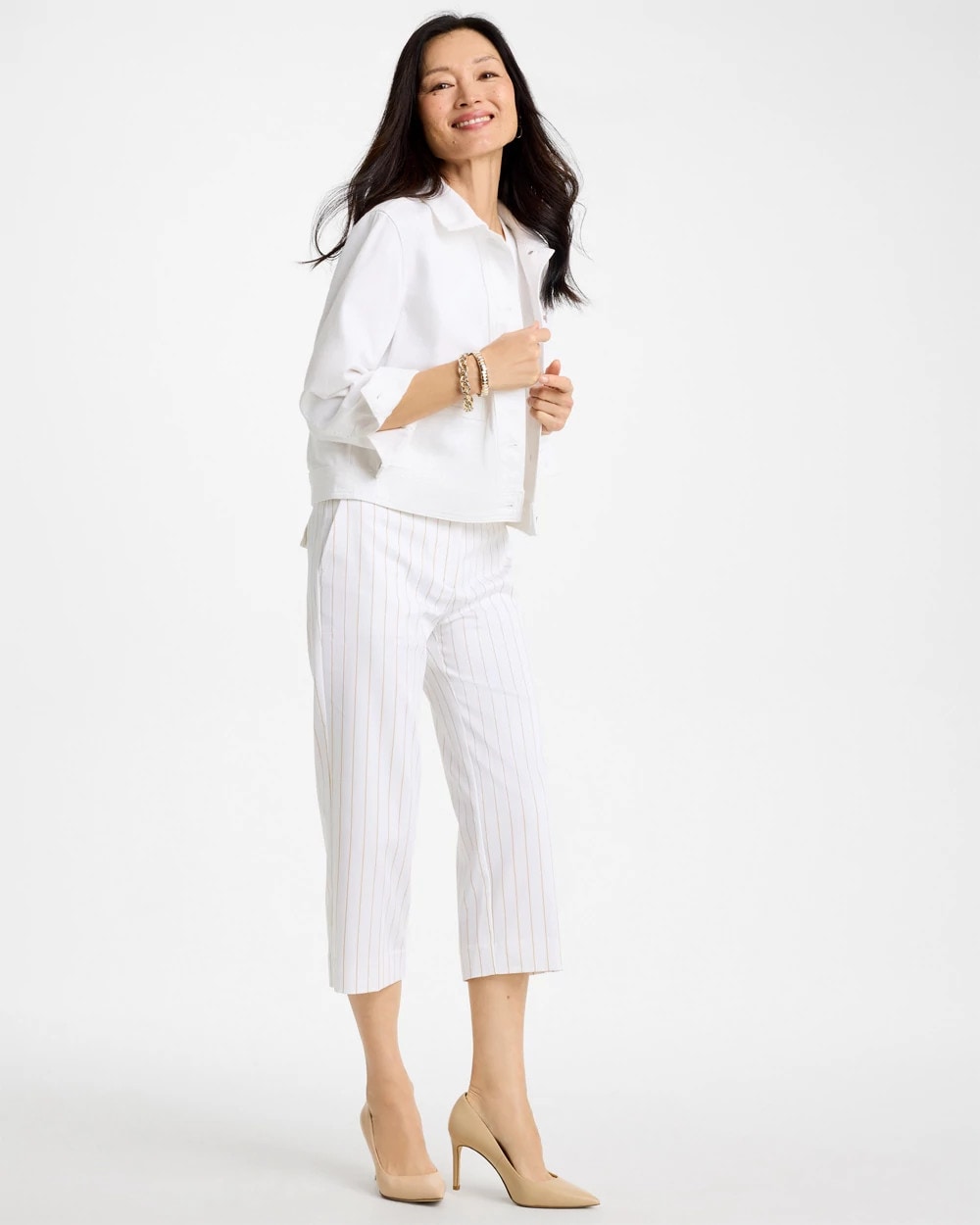 Chico's Sandstone Striped Emme Sateen Straight Capri Pants Alabaster