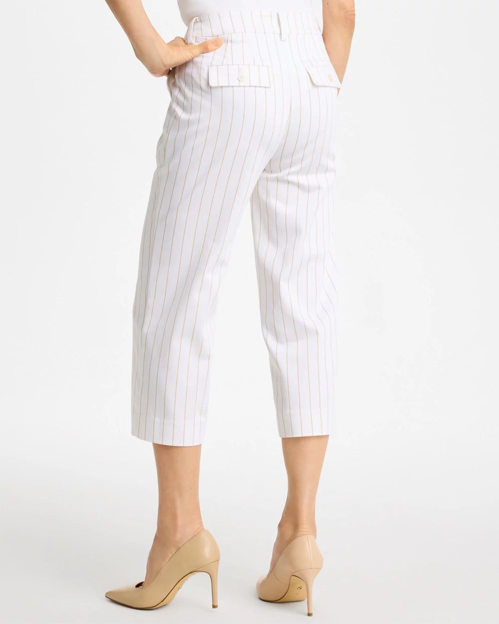 Chico's Sandstone Striped Emme Sateen Straight Capri Pants Alabaster