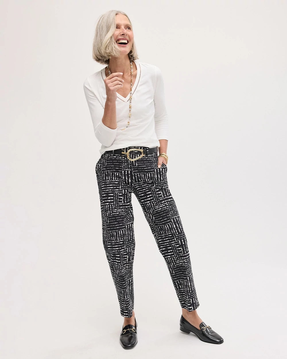 Chico's Emme Fly Front Straight Printed Crop Pants Black