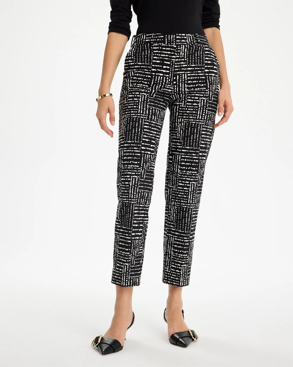 Chico's Emme Fly Front Straight Printed Crop Pants Black