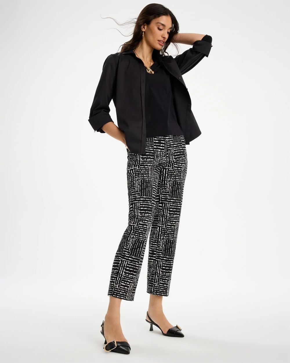 Chico's Emme Fly Front Straight Printed Crop Pants Black