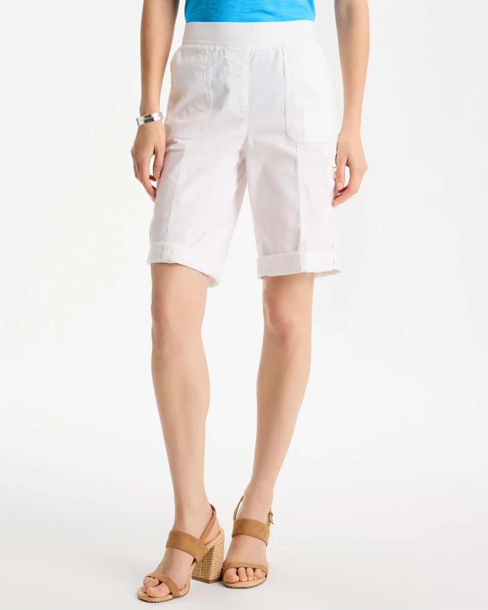 Chico's Poplin Cotton Roll-Tab Shorts Alabaster